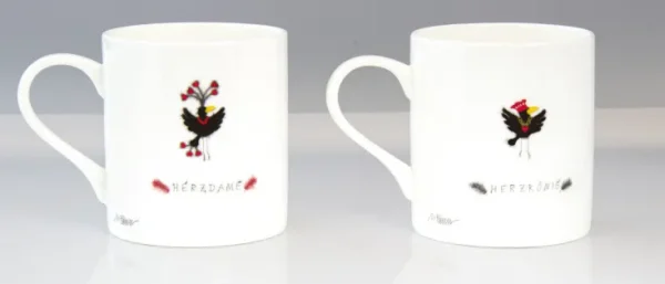 Keramik & Gläser>Ars mundi Michael Ferner: ​ 2 Becher »Herzdame« &amp; »Herzkönig« im Set